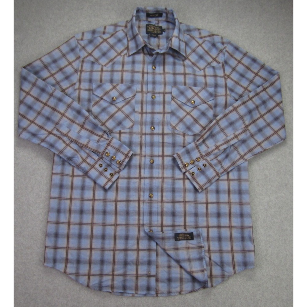 Pendleton Frontier Shirt Men‎ S Blue Plaid Pearl Snap Western Cowboy Button Up